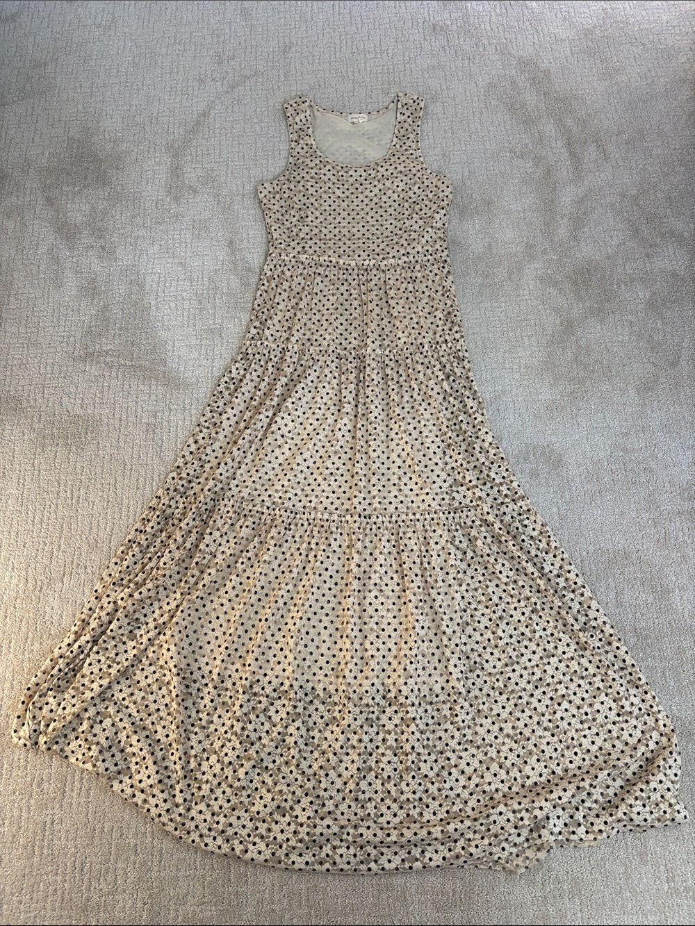 Meadow Rue Cream Maxi Dress with Black dots and floral lace Women Large Fall
